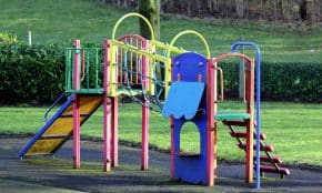 Vibrant playground equipment in an open park surrounded by grass and trees.