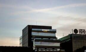 Contemporary architecture showcasing Amazon office at dusk in Iași, Romania.