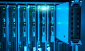 Detailed view of a server rack with a focus on technology and data storage.