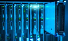 Detailed view of a server rack with a focus on technology and data storage.