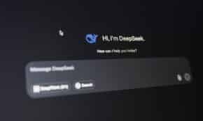A detailed view of the DeepSeek AI interface, displaying a welcoming message on a dark background.