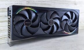 Triple fan GPU with RGB lighting, ideal for gaming setups and high-performance computing.