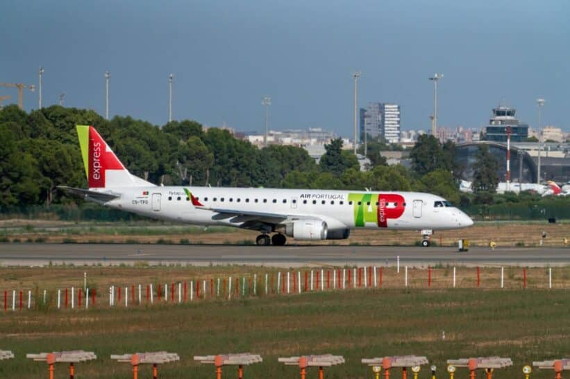 Embraer E190 airliner taxiing at Manises Airport in Valencia, Spain.