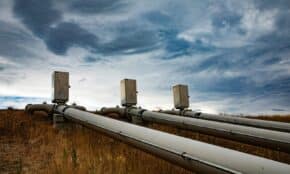 A series of large industrial pipes under a dramatic cloudy sky in New Zealand.