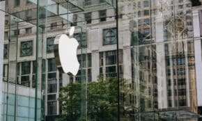 Transparent walls of modern company building with label icon against old building in downtown