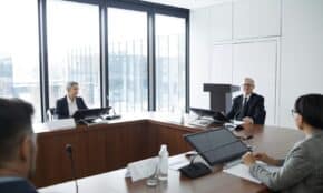 Business professionals in a board meeting in a modern conference room, engaging in discussion.