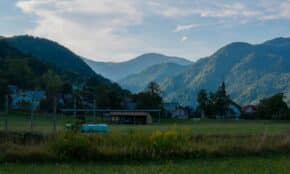 a grassy field with a fence and buildings in the background