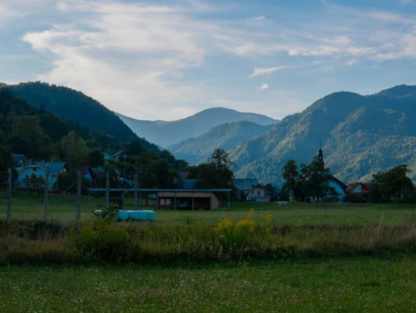 a grassy field with a fence and buildings in the background