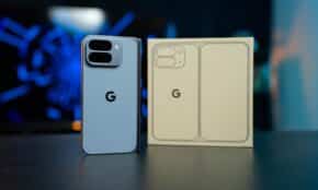 Light blue smartphone next to its packaging