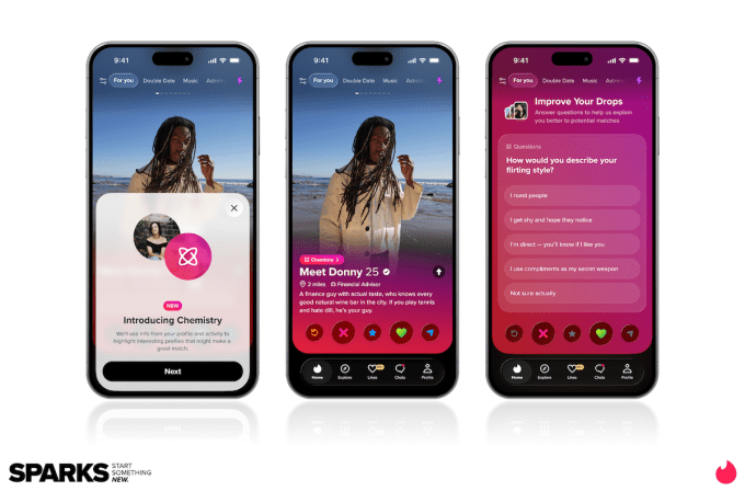 Skjermbilder av Tinders nye AI- og personaliseringsfunksjoner.