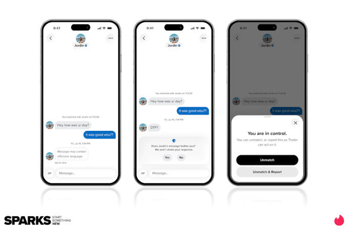 Visuell fremstilling av Tinders nye design og sikkerhetsfunksjoner.