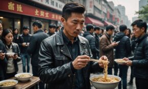 Nvidia CEO Jensen Huang eating noodles on busy Beijing street surrounded by onlookers with phones during China visit