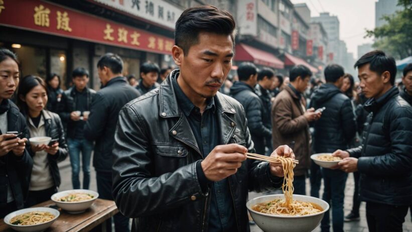 Nvidia CEO Jensen Huang eating noodles on busy Beijing street surrounded by onlookers with phones during China visit