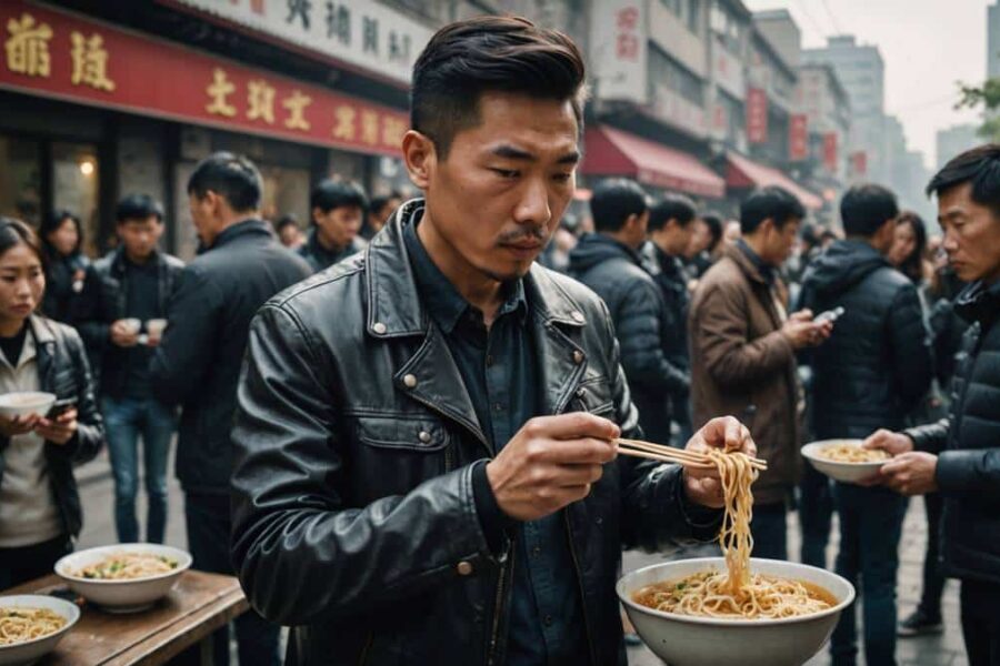 Nvidia CEO Jensen Huang eating noodles on busy Beijing street surrounded by onlookers with phones during China visit
