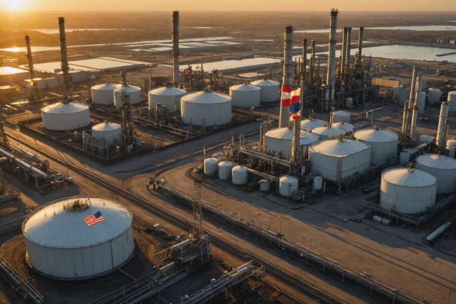 Oil refinery at sunset with flags at half-mast and workers removing flag, symbolizing OPEC member departure