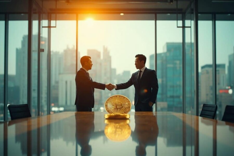 Business executives shaking hands in Seoul boardroom with cryptocurrency coin on table, representing OKX-Korea Investment deal