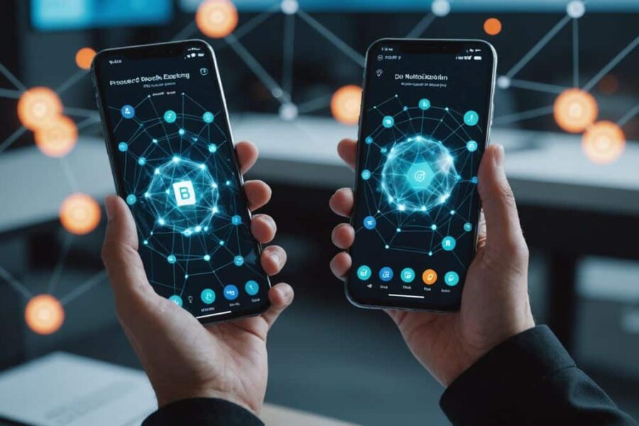 Hands holding smartphone with blockchain network holographics in modern office showing professional networking app interface