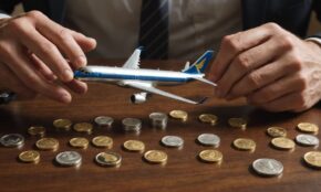 Businessman's hands moving miniature airplane and golden coin symbols on wooden table representing investment portfolio changes