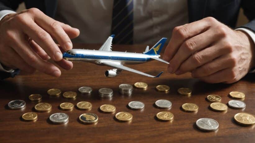 Businessman's hands moving miniature airplane and golden coin symbols on wooden table representing investment portfolio changes
