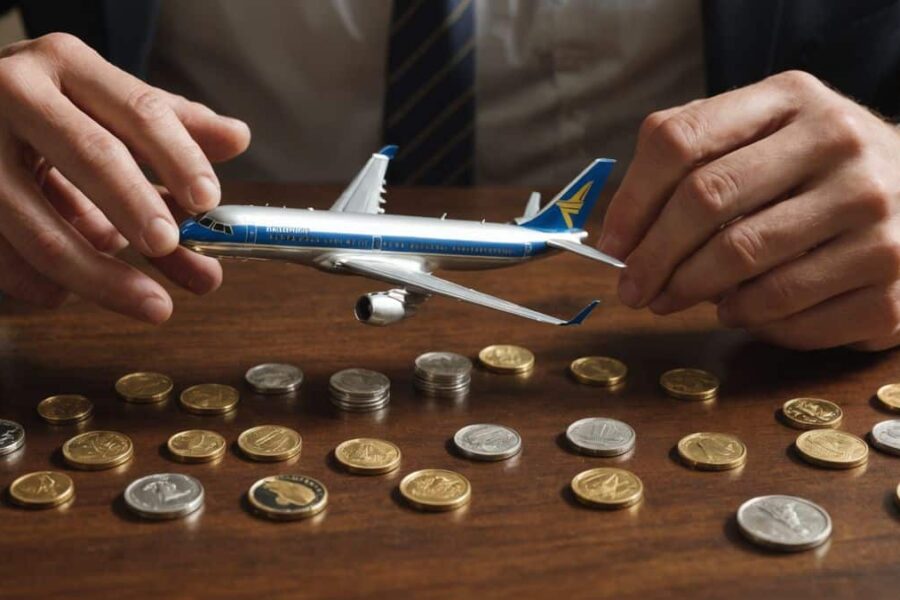 Businessman's hands moving miniature airplane and golden coin symbols on wooden table representing investment portfolio changes