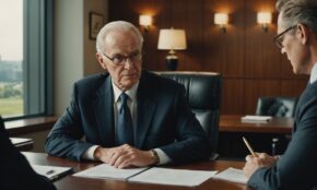 Elderly executive and younger business leader reviewing financial documents in modern corporate boardroom setting