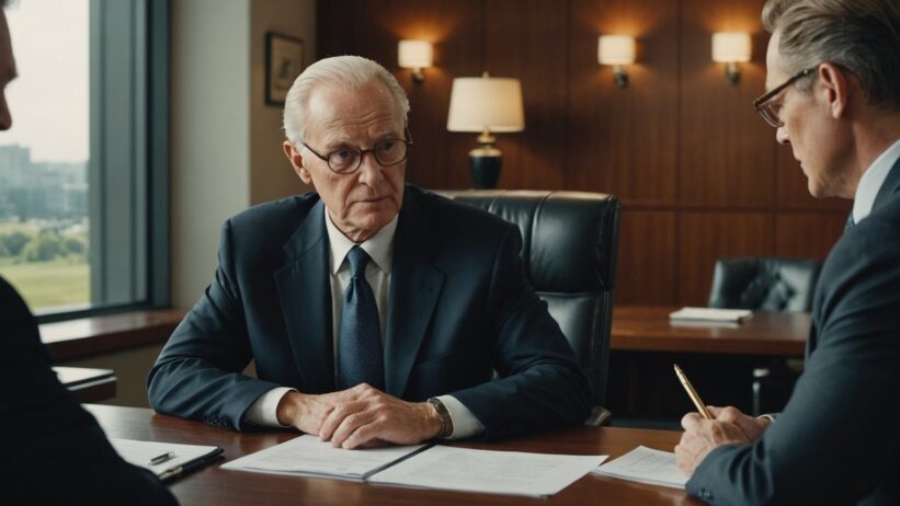 Elderly executive and younger business leader reviewing financial documents in modern corporate boardroom setting