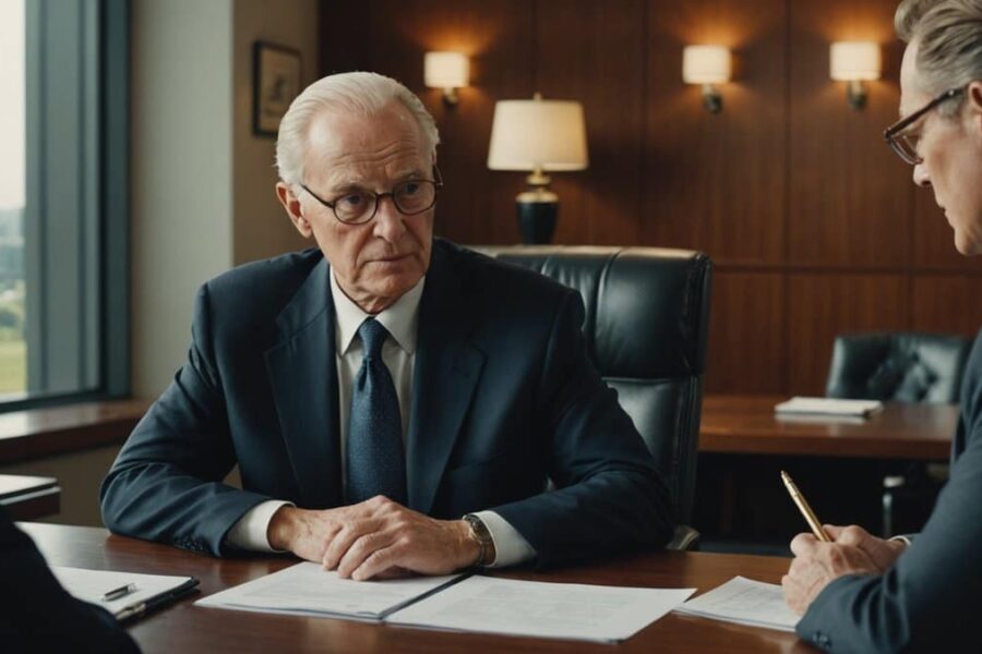 Elderly executive and younger business leader reviewing financial documents in modern corporate boardroom setting