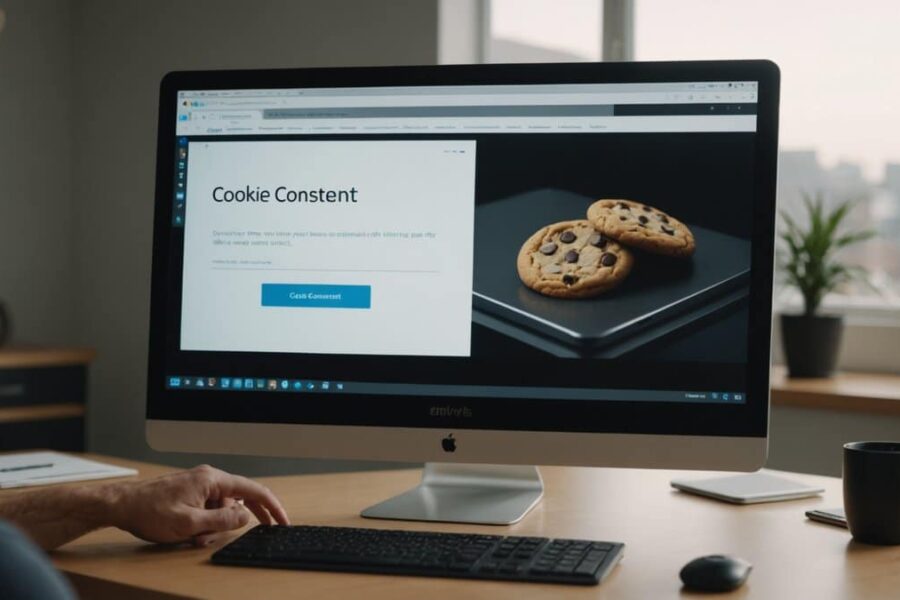 Computer screen showing cookie consent dialog with hand hovering over accept/decline buttons in modern office