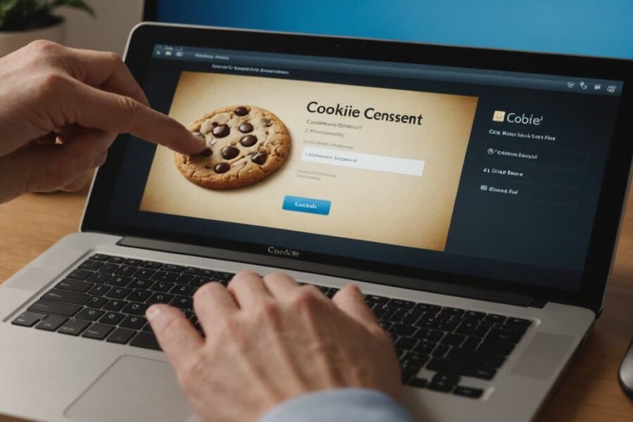 Computer screen showing cookie consent dialog with checkmark and X buttons, hand hovering over mouse in office setting