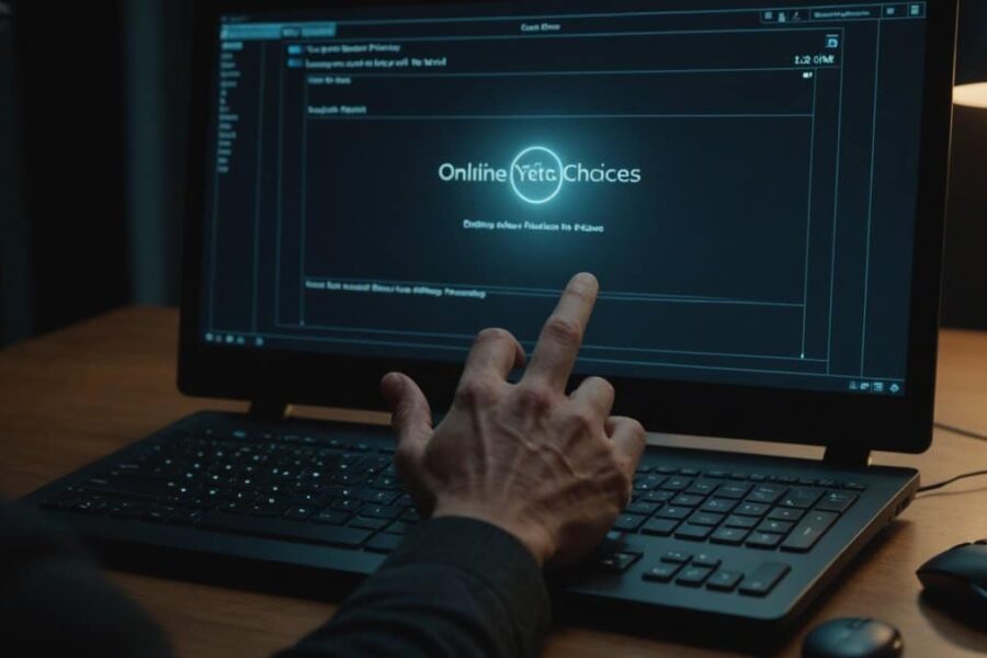 Hand hovering over mouse to click privacy choice button on glowing computer screen in dim room showing digital interface