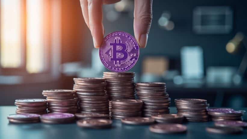 Hand placing purple 'S' cryptocurrency coin on staking platform with growing coin stacks in office environment