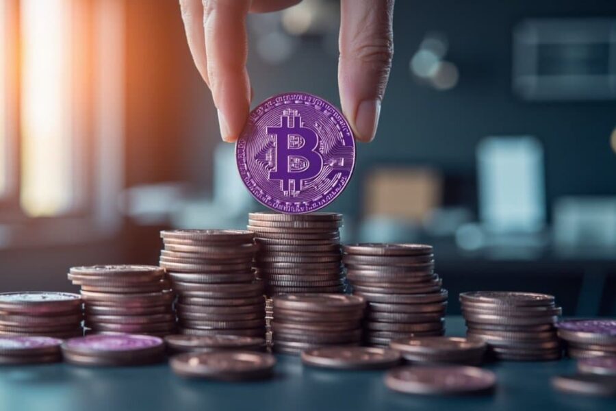 Hand placing purple 'S' cryptocurrency coin on staking platform with growing coin stacks in office environment
