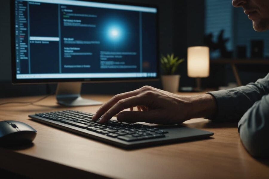 Person's hand hovering over computer mouse, contemplating privacy settings decision on glowing monitor in modern office
