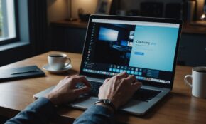 Person contemplating digital choice at laptop with glowing blue screen in modern home office setting