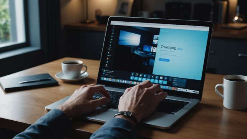 Person contemplating digital choice at laptop with glowing blue screen in modern home office setting