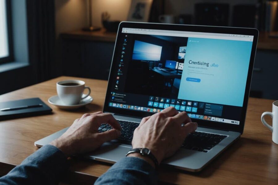 Person contemplating digital choice at laptop with glowing blue screen in modern home office setting
