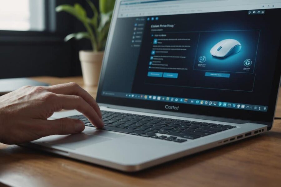 Hand hovering over computer mouse with laptop screen showing two clickable buttons for online privacy choices