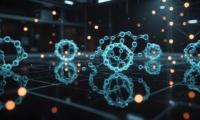 Glowing peptide molecules with AI holographic patterns in dark laboratory with robotic systems for PEPTAI cryptocurrency article