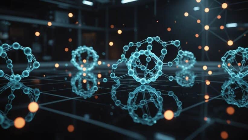 Glowing peptide molecules with AI holographic patterns in dark laboratory with robotic systems for PEPTAI cryptocurrency article