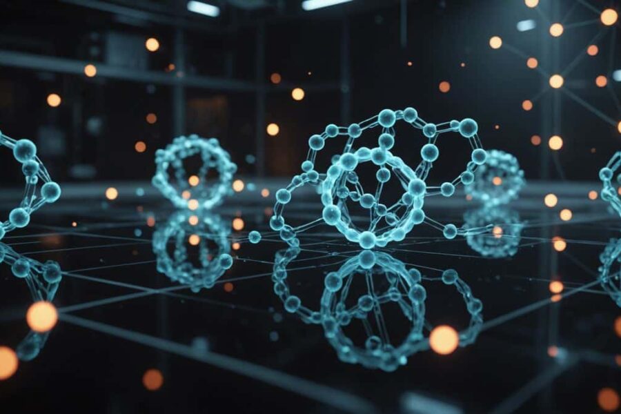 Glowing peptide molecules with AI holographic patterns in dark laboratory with robotic systems for PEPTAI cryptocurrency article