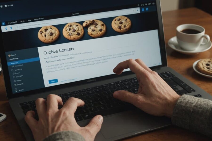 Computer screen showing cookie consent banner with accept and reject buttons, hand hovering over mouse to make choice