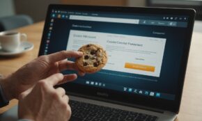 Hand hovering over mouse near computer screen showing cookie consent dialog with toggles and buttons in office setting