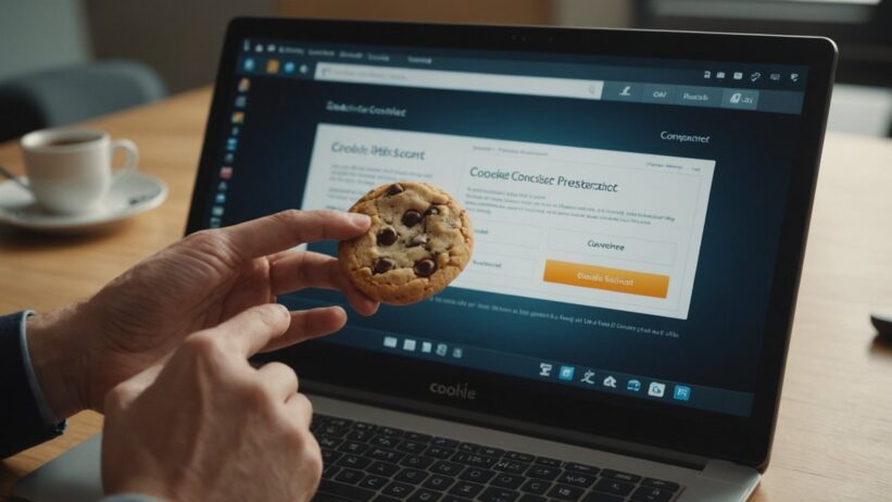 Hand hovering over mouse near computer screen showing cookie consent dialog with toggles and buttons in office setting