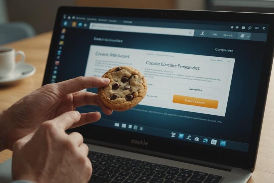 Hand hovering over mouse near computer screen showing cookie consent dialog with toggles and buttons in office setting