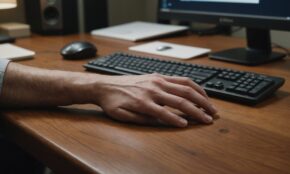Person's elbow resting on hard wooden desk edge beside keyboard and mouse, showing pressure point during computer work