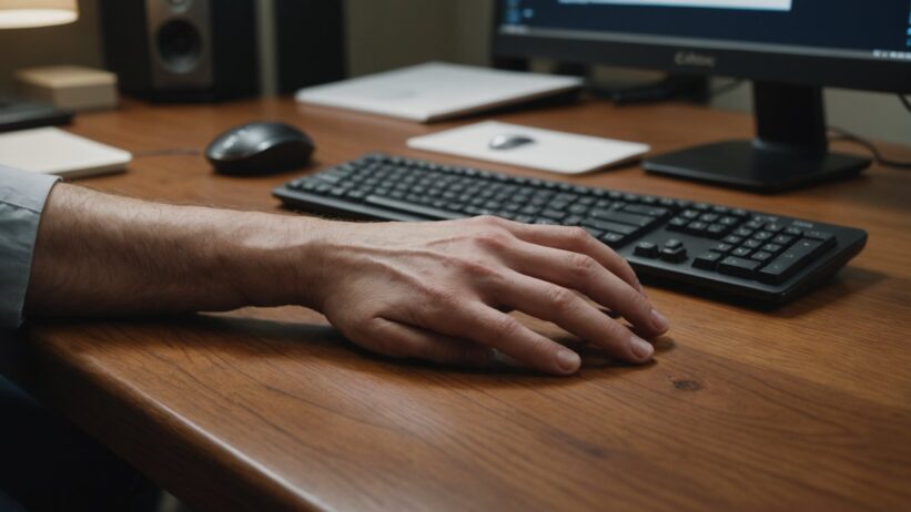 Person's elbow resting on hard wooden desk edge beside keyboard and mouse, showing pressure point during computer work