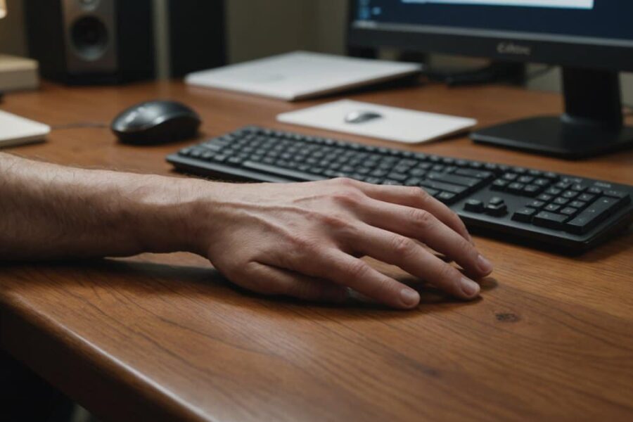 Person's elbow resting on hard wooden desk edge beside keyboard and mouse, showing pressure point during computer work