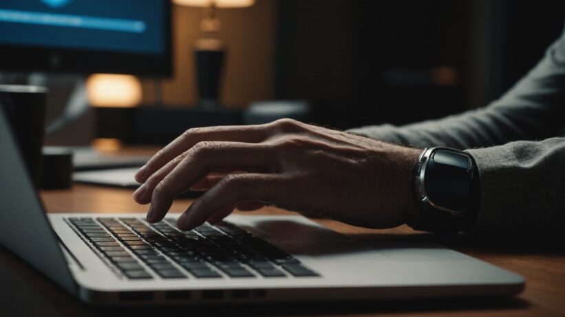 Person's hand hovering over computer mouse with laptop screen glowing, depicting digital privacy decision-making