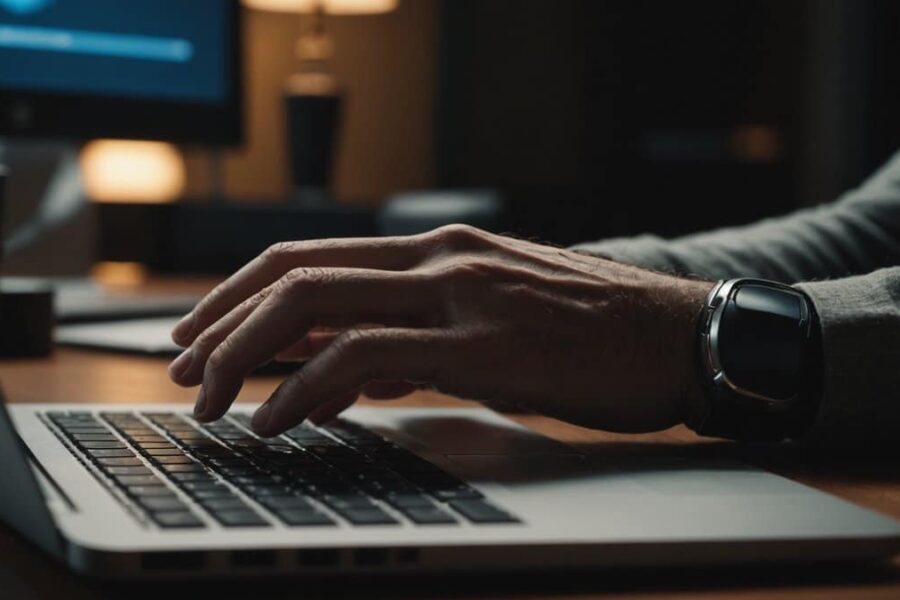 Person's hand hovering over computer mouse with laptop screen glowing, depicting digital privacy decision-making