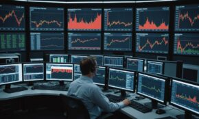 Trading desk with multiple screens showing upward red graphs representing Fed futures and interest rate movements